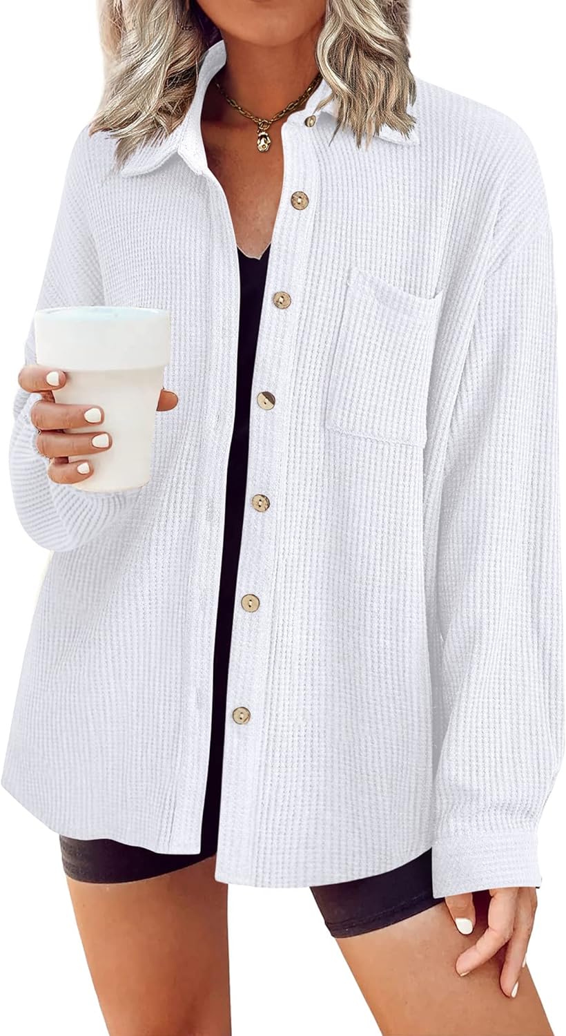 HOTOUCH Waffle Button Down Shirt Women Casual Knit Tops Long Sleeve Loose Fit Shacket with Pocket