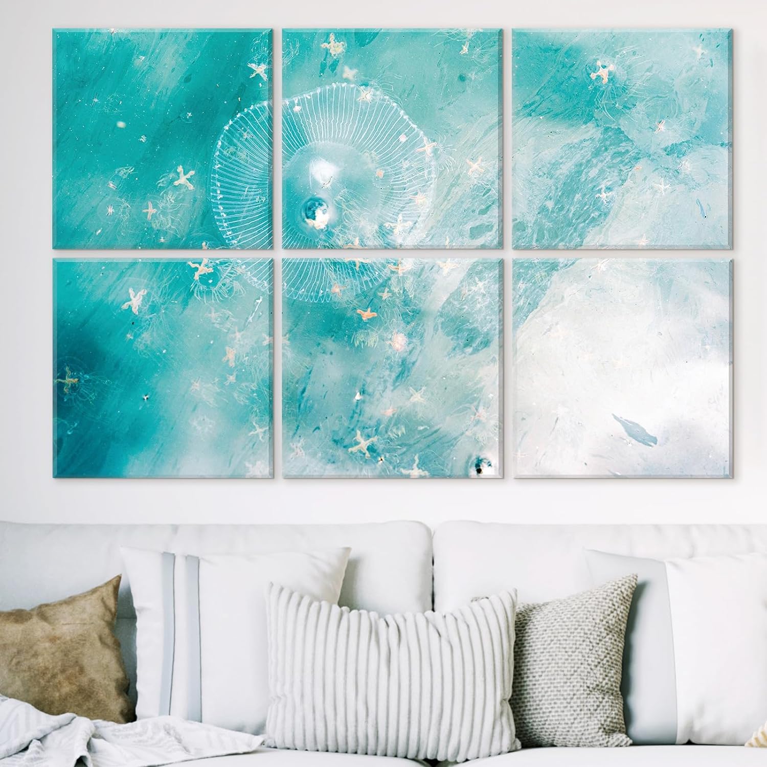 JBER Wall Art Gooseberries Jellyfish Painting on Fiberboard, 6 Panels Spliced into a Large Self-adhesive Wall Decorative Art Pictures, Wall Decor for Living Room, Bedroom, Office. 72 x 48x 0.4