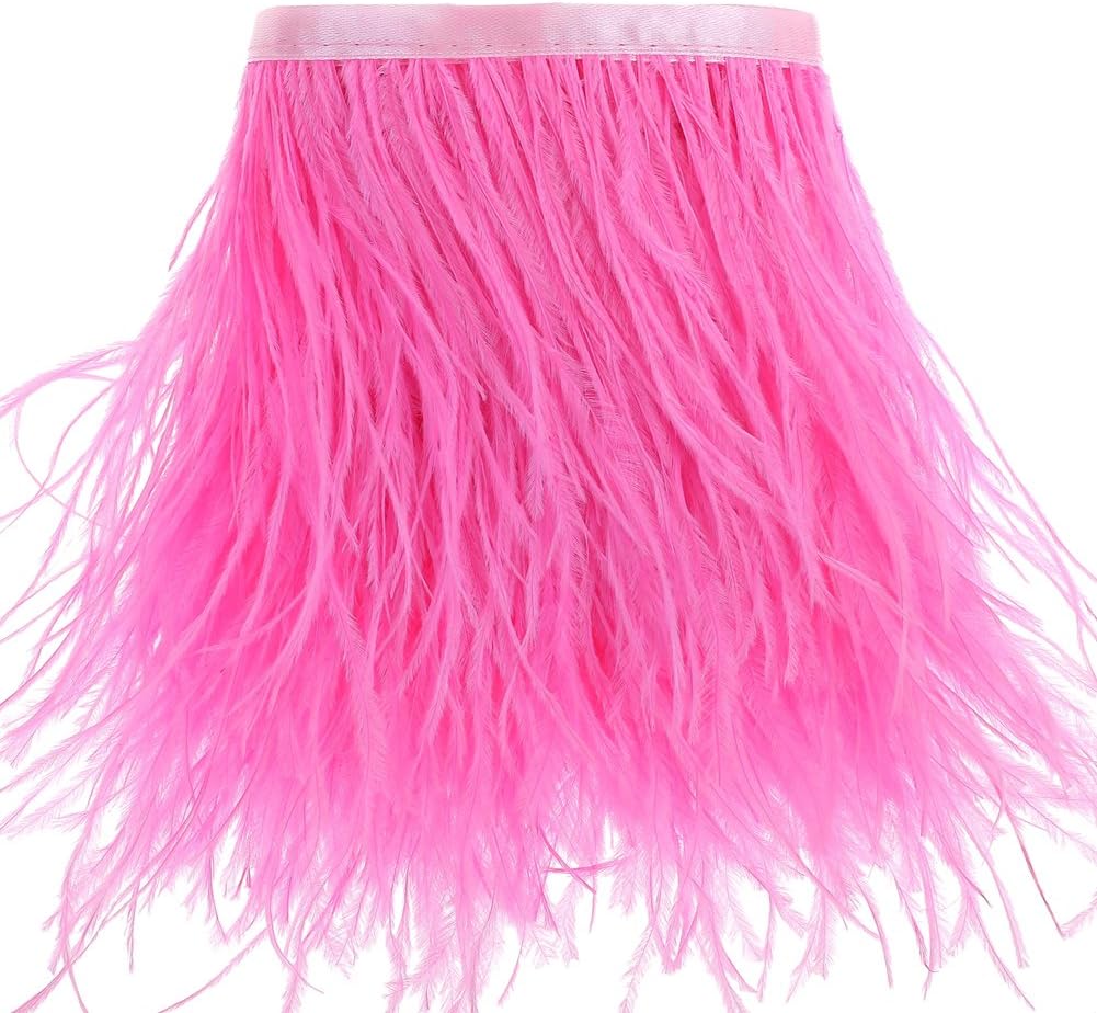 Ostrich Feathers Trims Fringe with Satin Ribbon Tape - for Dress Sewing Crafts Costumes Decoration Pack of 2 Yards(Pink)