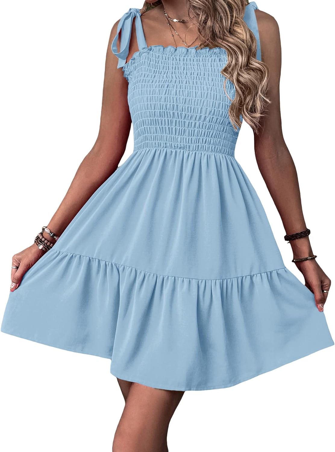 Milumia Vestido corto acampanado con volantes fruncidos y hombros para mujer