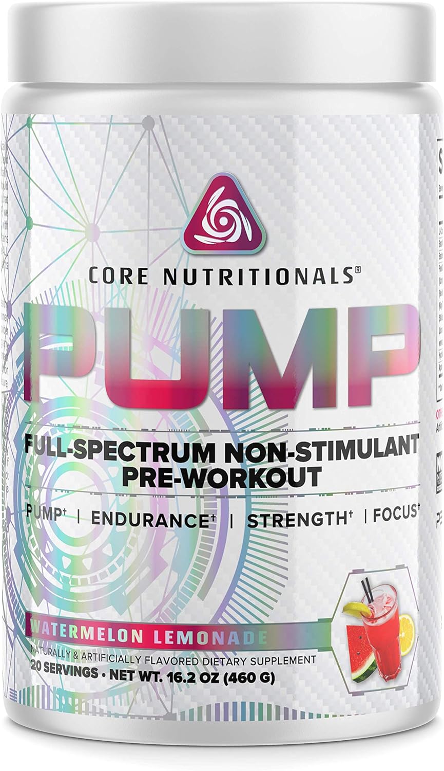 Core Nutritionals Pump Full-Spectrum Non-Stimulant Pre-Workout, with N03T Nitrate, Peak02, Alpha GPC, for Maximum Pump, Strength, and Performance 20 Servings (Watermelon Lemonade)