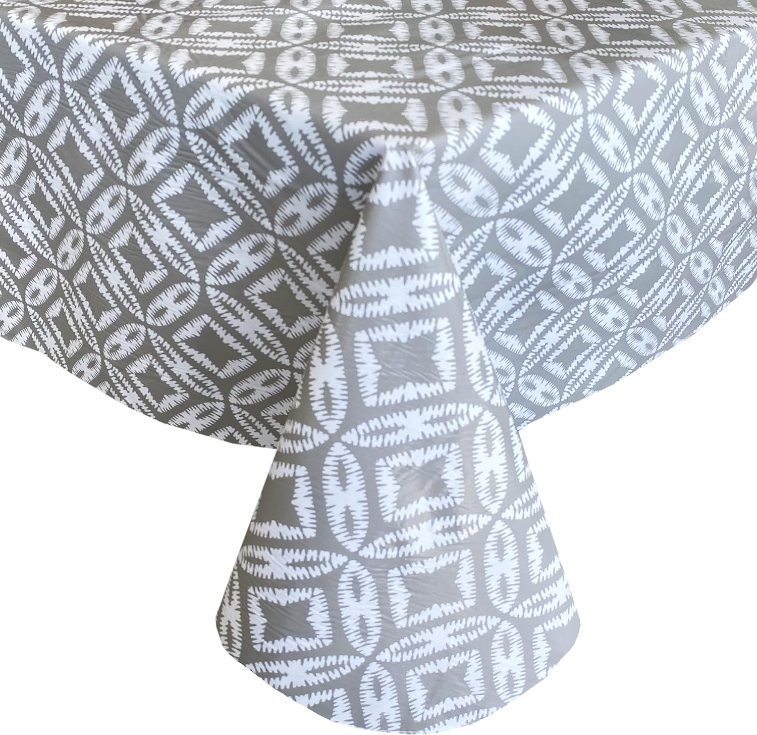 Newbridge Sand Dollar Ikat Style Print Flannel Backed Vinyl Tablecloth, Boho Chic Summer Ikat Print Vinyl Indoor/Outdoor Waterproof, Patio, BBQ Tablecloth, 70 Inch Round, Grey