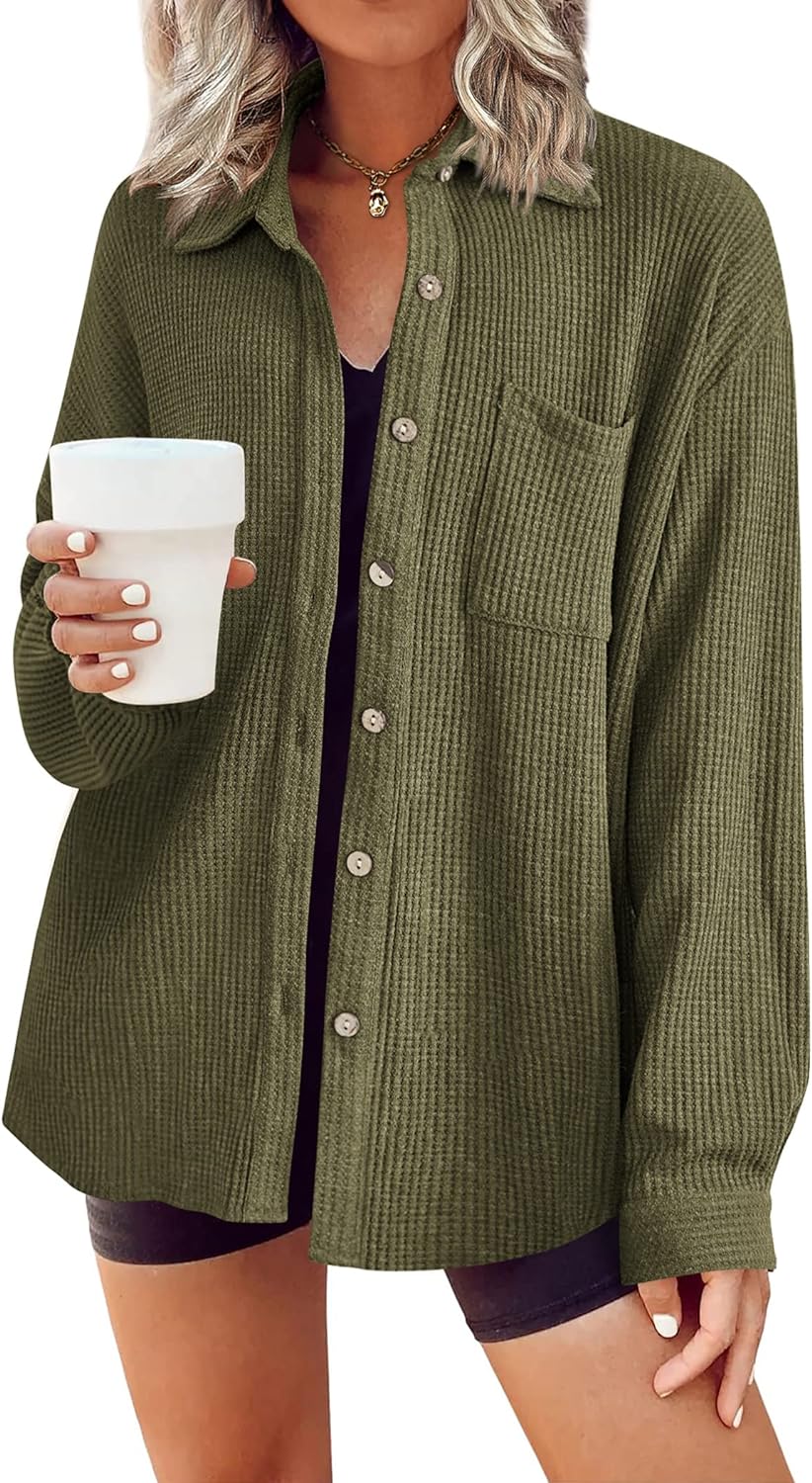 HOTOUCH Waffle Button Down Shirt Women Casual Knit Tops Long Sleeve Loose Fit Shacket with Pocket
