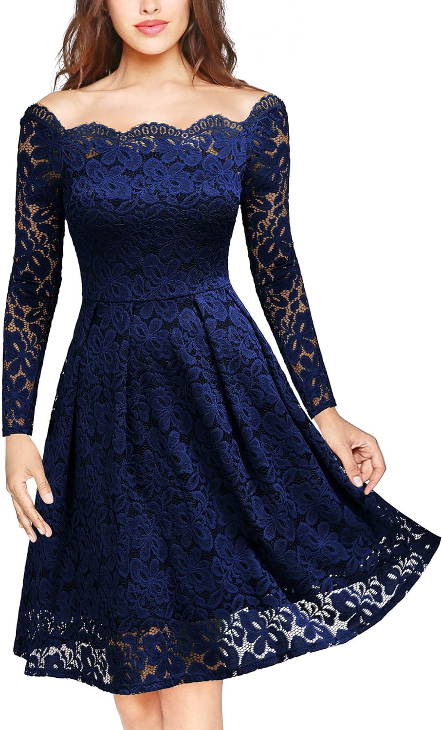 MISSMAY Women's Vintage Floral Lace Long Sleeve Boat Neck Cocktail Party Swing Dress