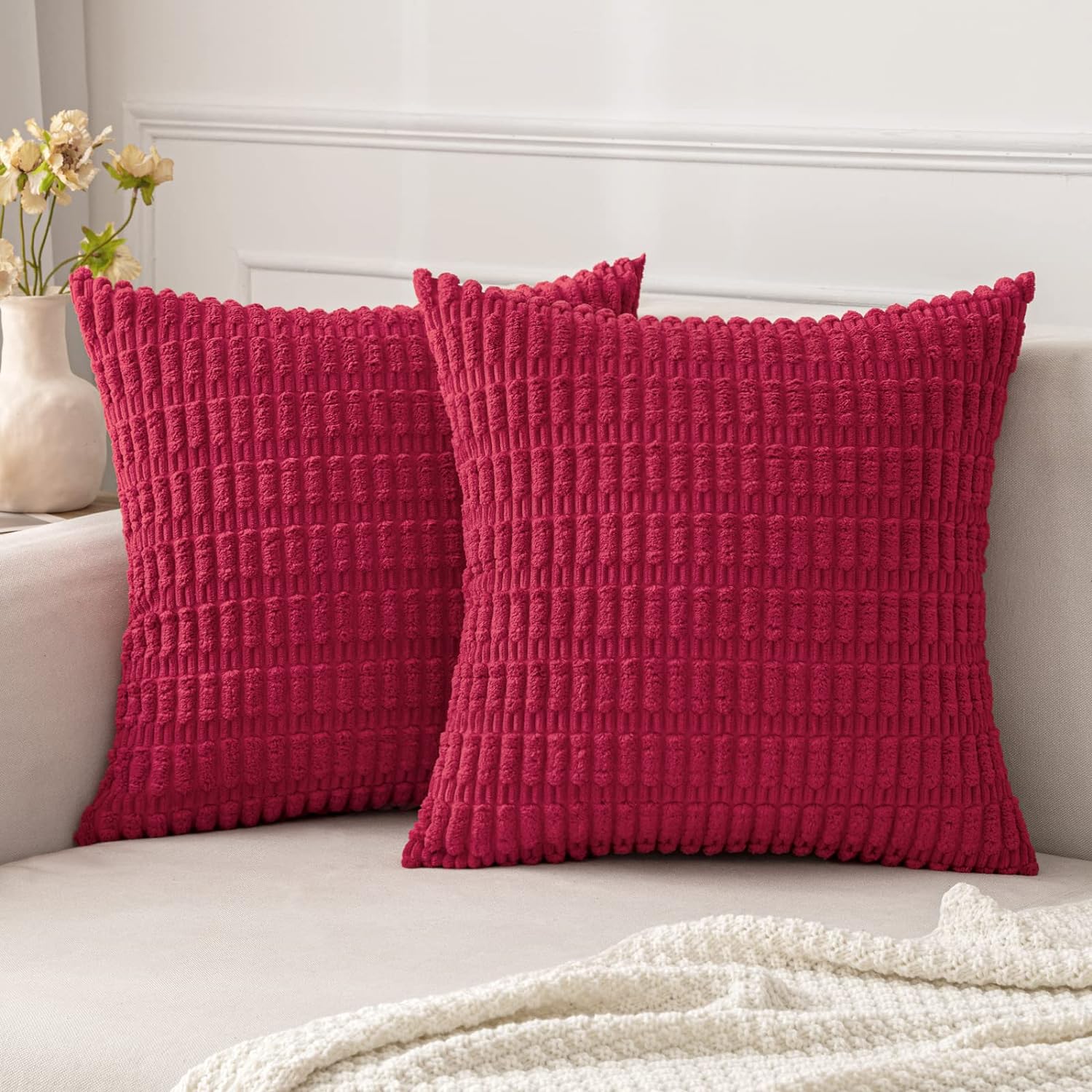 MIULEE Pack of 2 Corduroy Decorative Throw Pillow Covers 18x18 Inch Soft Boho Striped Pillow Covers Modern Farmhouse Home Decor for Sofa Living Room Couch Bed Magenta