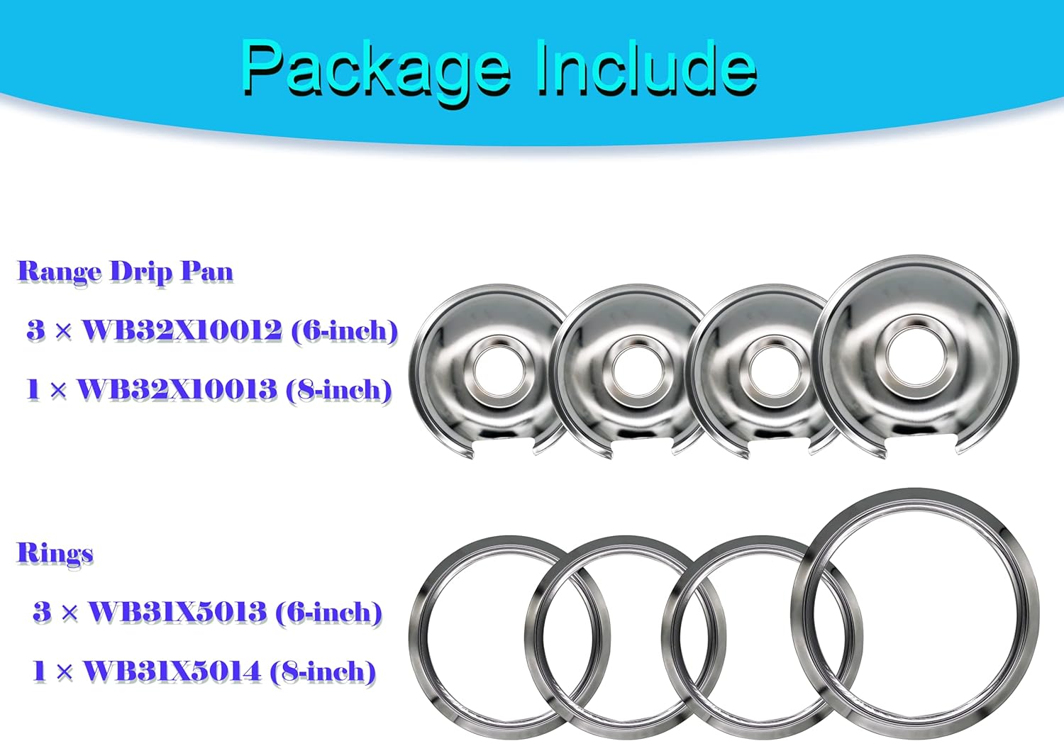 Amazinpure Electric Stove Chrome Drip Pans 1 Large 8'' WB32X10013 & 3 Small 6'' WB32X10012 Gas Stove Burner Drip Pans and Rings for GE Hotpoint & Kenmore