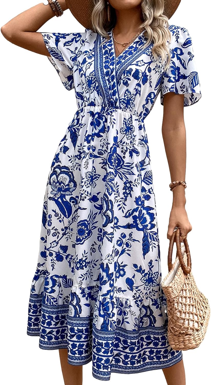 Milumia Summer Flowy Bohemian Dresses for Women 2023 Boho Floral V Neck Ruffle Hem Maxi Dress