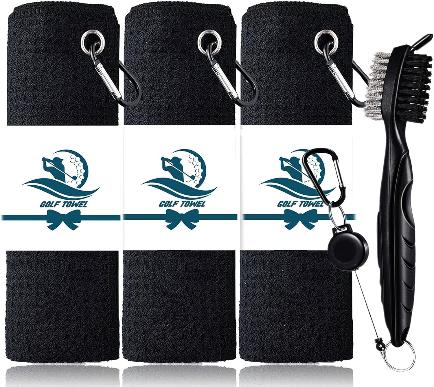 FINGER TEN Golf Towel Microfiber Waffle Towels for Golf Bags for Men Women with Clip and Brush 15.7’’X15.7’’ Set in Black (Black-3 Pcs+Brush, 15.7''X15.7'')