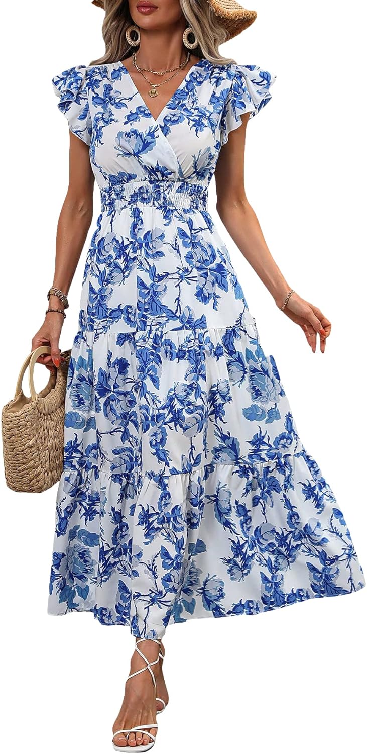 Milumia Summer Flowy Bohemian Dresses for Women 2023 Boho Floral V Neck Ruffle Hem Maxi Dress