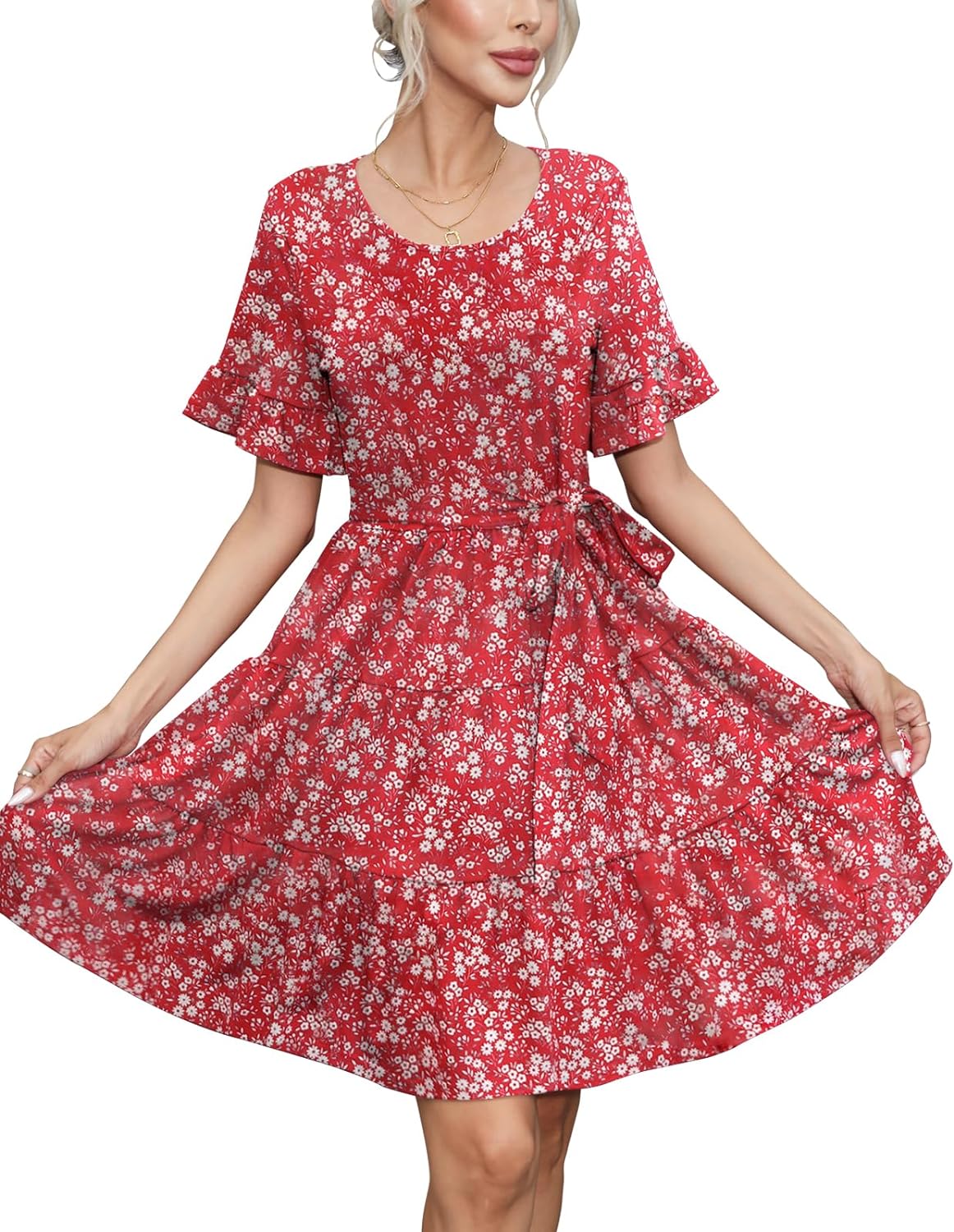 nclook Women's Summer Casual Dress Elastic Skin-Friendly Breathable Fabric Crew-Neck Adjustable Waist Belt with Pockets Black