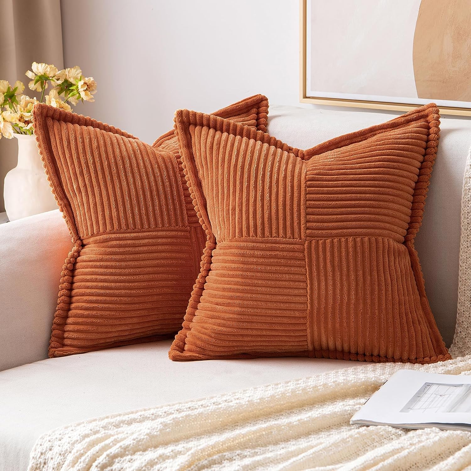 MIULEE Fall Rust Pillow Covers 20x20 Inch with Splicing Set of 2 Super Soft Boho Striped Corduroy Pillow Covers Broadside Decorative Textured Throw Pillows for Couch Cushion Livingroom