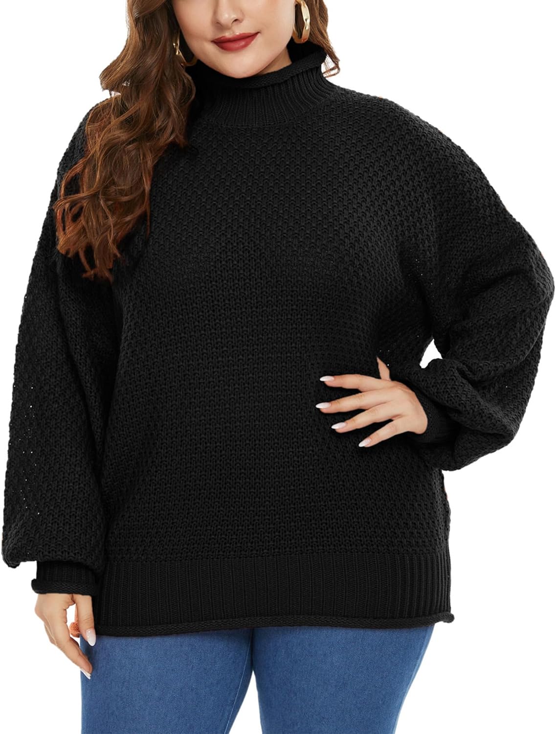 Hanna Nikole Women Turtleneck Oversized Sweaters Batwing Sleeve Pullover Loose Chunky Knit Jumper