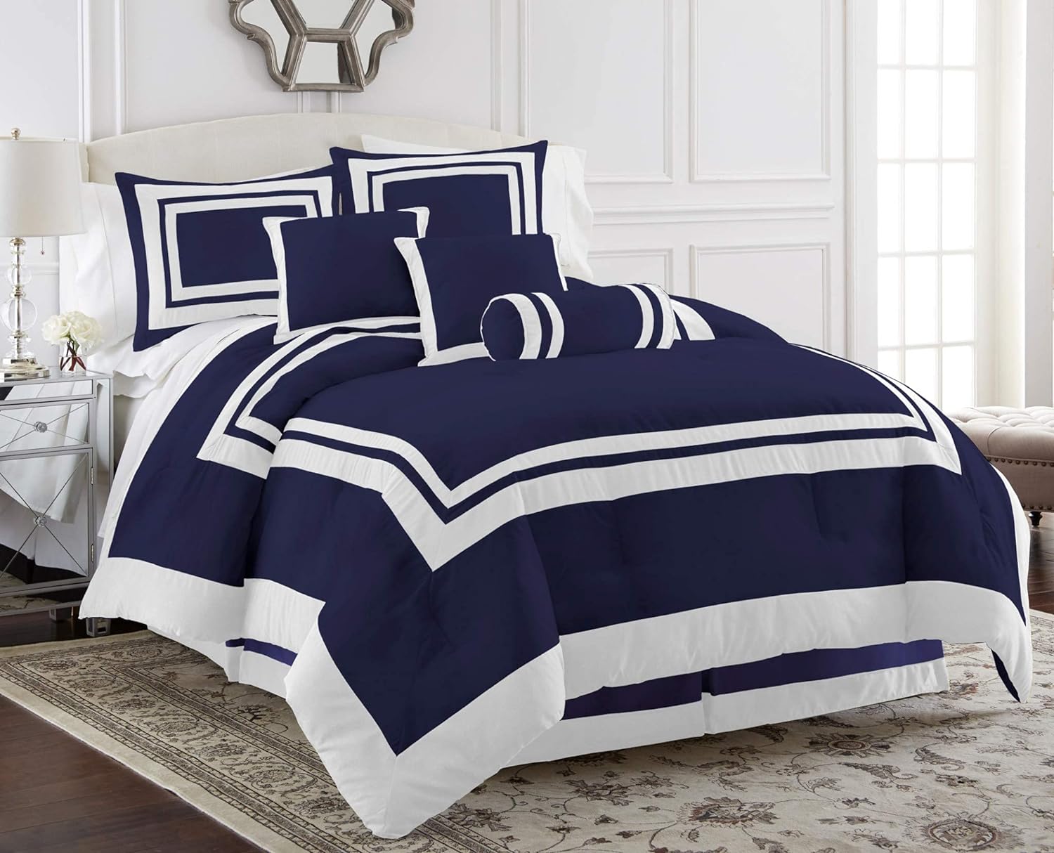 Chezmoi Collection 7-Piece Caprice Navy/White Square Pattern Hotel Bedding Comforter Set, King