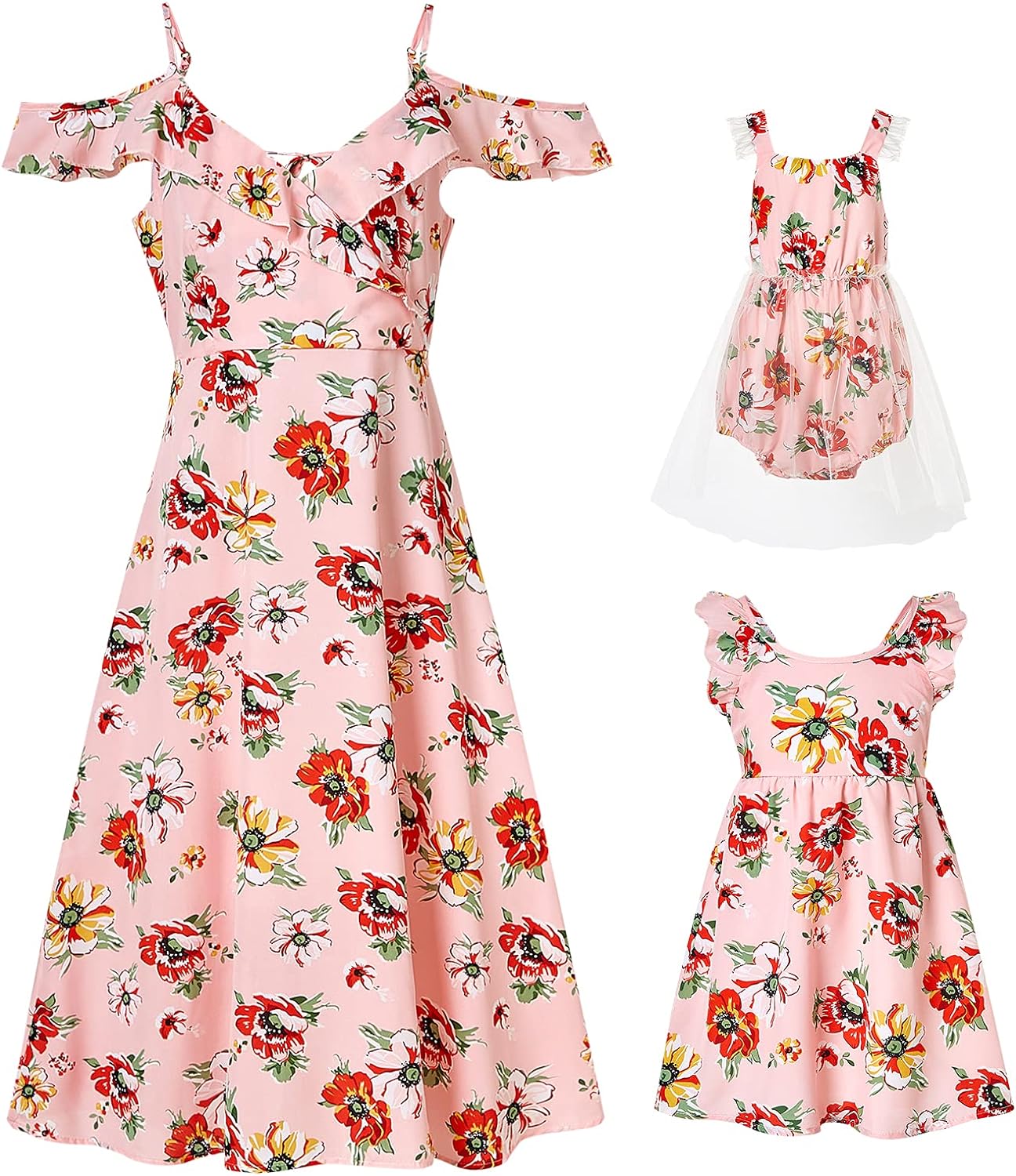 PopReal Mommy and Me Dresses Floral Print Cold Shoulder Ruffle Backless Strap Romper Beach Midi Dress Summer