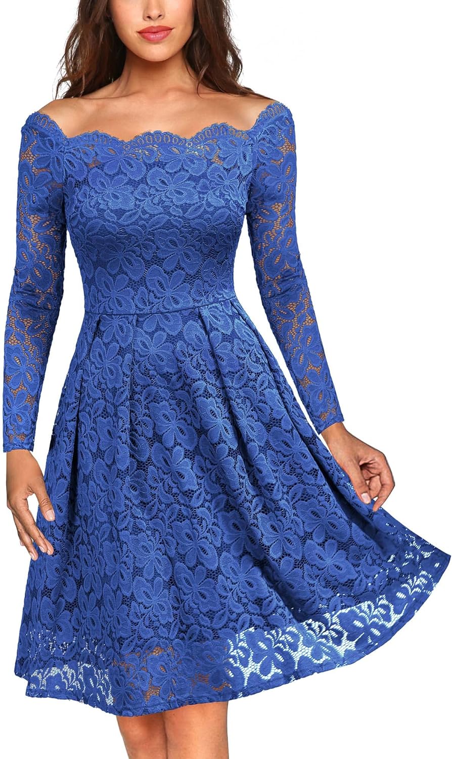 MISSMAY Women's Vintage Floral Lace Long Sleeve Boat Neck Cocktail Party Swing Dress