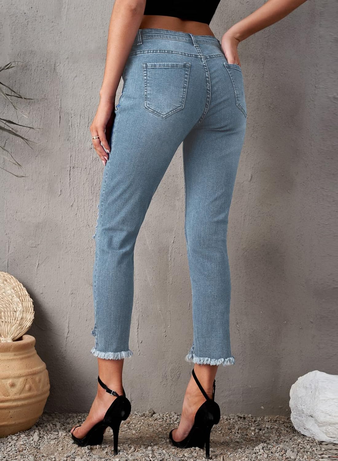 EVALESS Women Stretchy Ripped Distressed Straight Leg Boyfriend Skinny Jeans, Sky Blue, 16