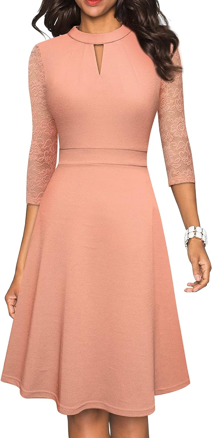 HOMEYEE Women's Round Neck Hollow Out Lace Patchwork Retro Party Dresses A234