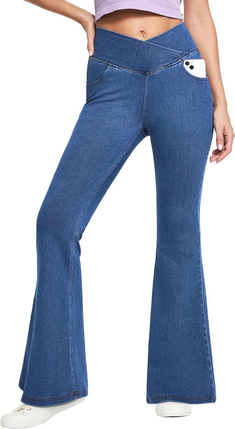IUGA Flare Jeans for Women Bootcut Crossover High Waisted Bell Bottom Jeans Trendy Yoga Pants Flare Leggings with Pockets