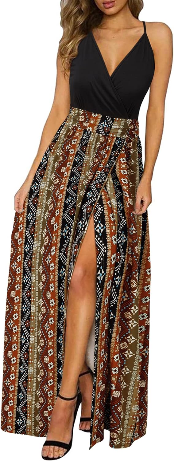 Newshows Women's Summer V Neck Spaghetti Strap Floral Sleeveless Casual Split Long Maxi Dress