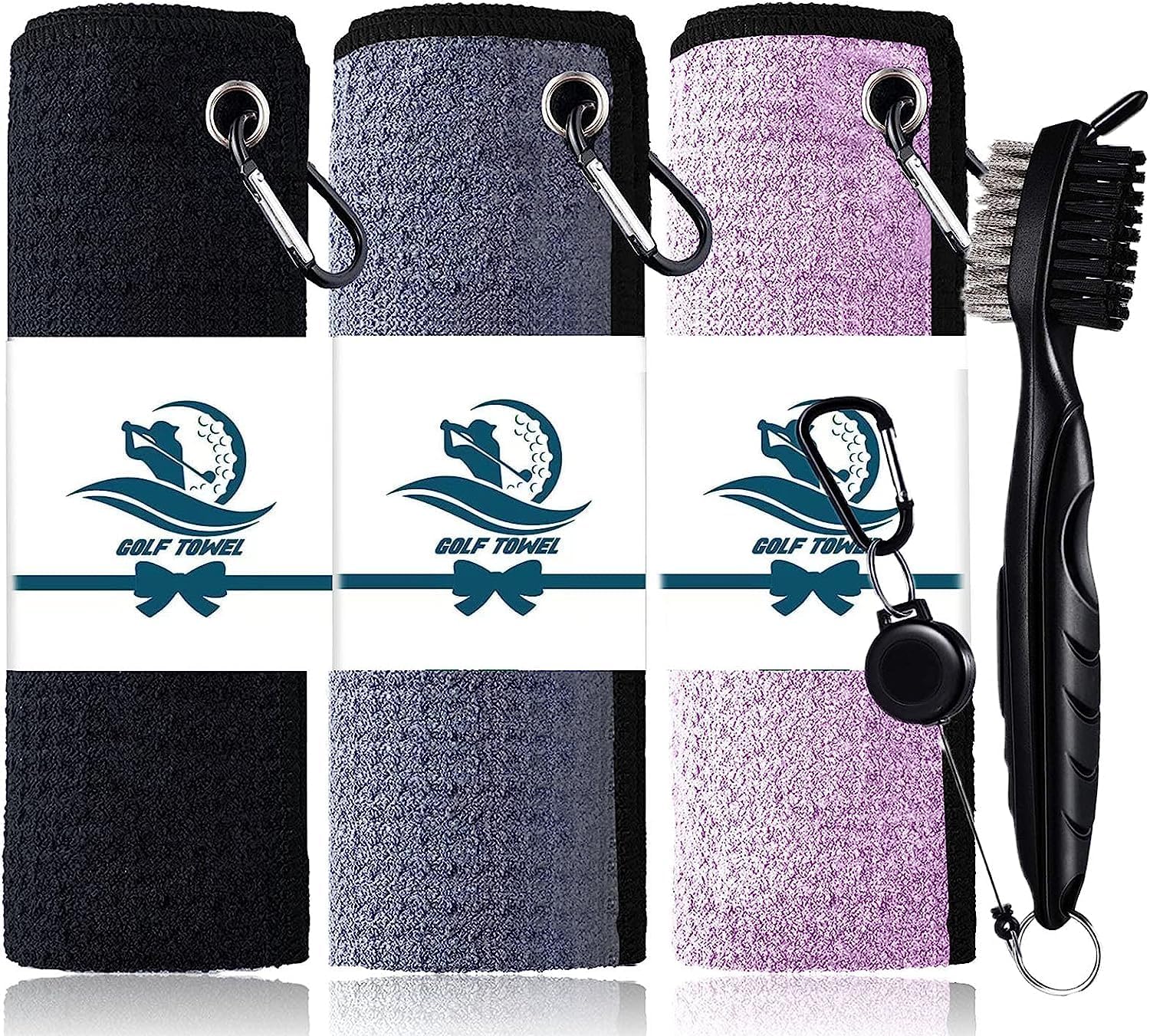 FINGER TEN Golf Towel Microfiber Waffle Towels for Golf Bags for Men Women with Clip and Brush 15.7’’X15.7’’ Set in Black (Black-3 Pcs+Brush, 15.7''X15.7'')