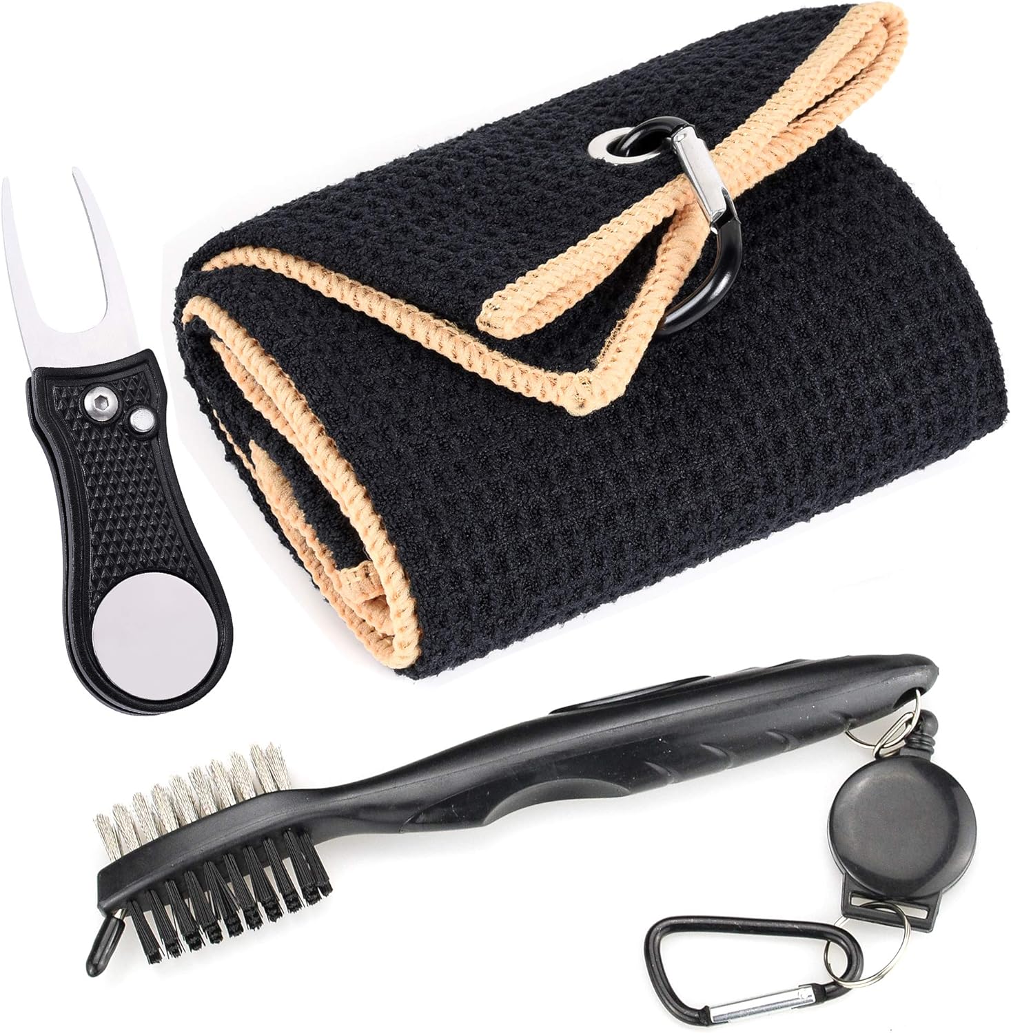 Mile High Life Microfiber Waffle Pattern Golf Towel | Club Groove Cleaner Brush | Foldable Divot Tool with Magnetic Ball Marker (Black w/Yellow Towel/Brush/Bone Divot)
