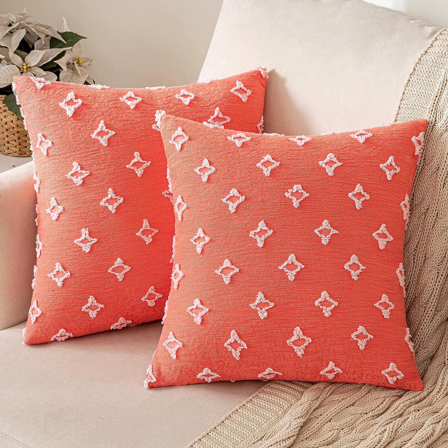MIULEE Set of 2 Decorative Throw Pillow Covers Rhombic Jacquard Pillowcase Soft Square Cushion Case for Summer Couch Sofa Bed Bedroom Living Room, 20x20 Inch, Coral Red