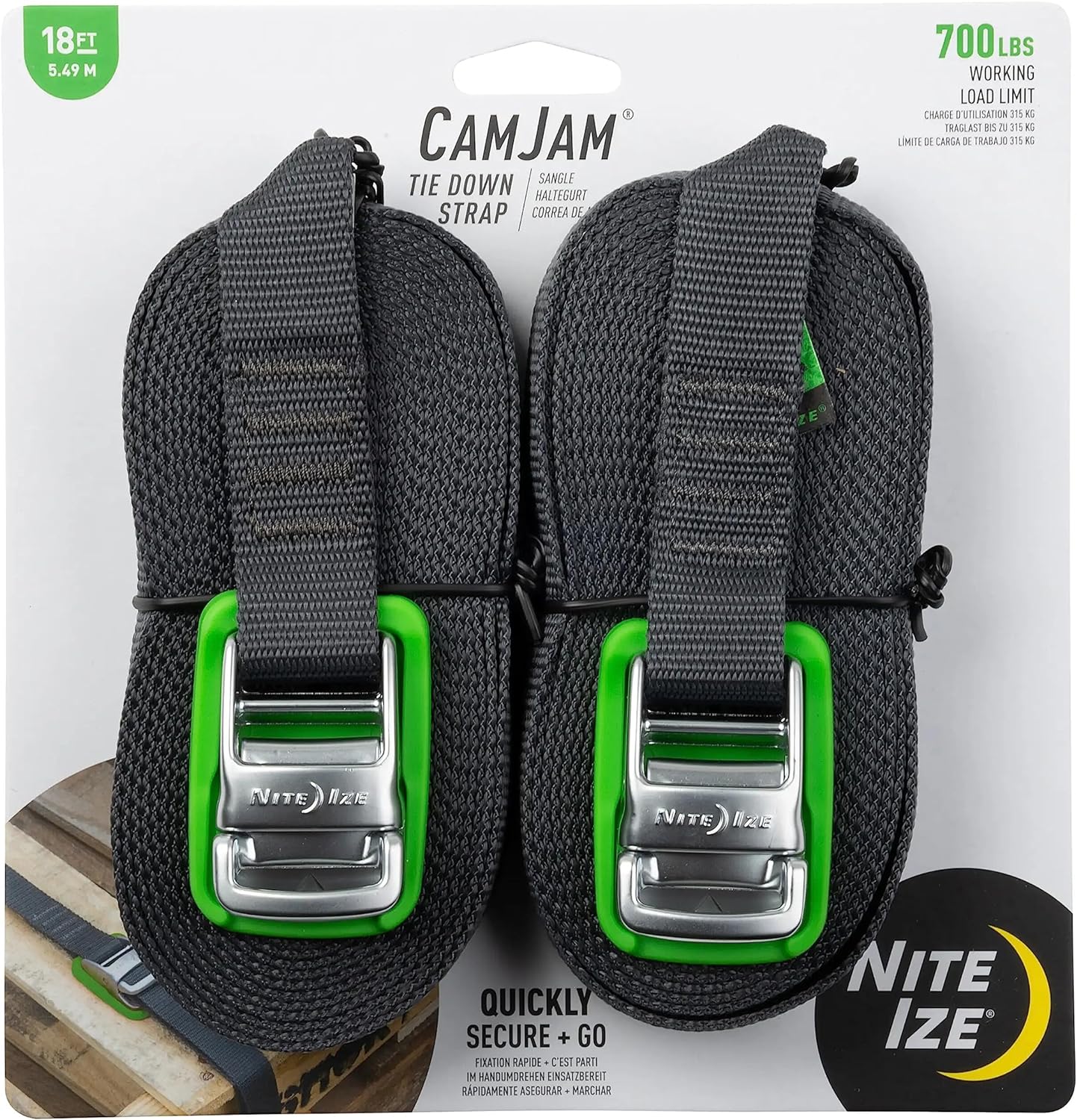 Nite Ize CJWR18-09-2R6 CamJam Strap, Unique Cam Buckle + Extra Strong, 700 lb Load Limit, 18 ft Webbing, 2 Pack Tie Down, Charcoal