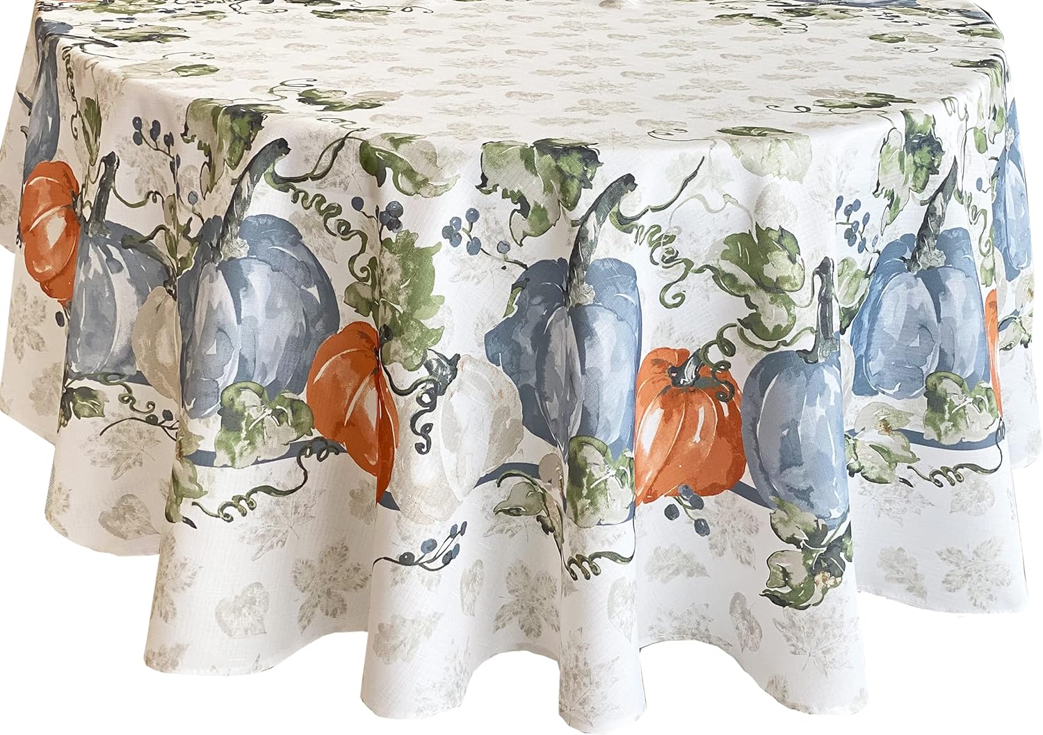 Newbridge Pumpkin Vines Stone Washed Bordered Thanksgiving and Fall Season Fabric Tablecloth, Multi-Colored Pumpkin Cottage Harvest Print Easy Care Tablecloth, 70 Inch Round
