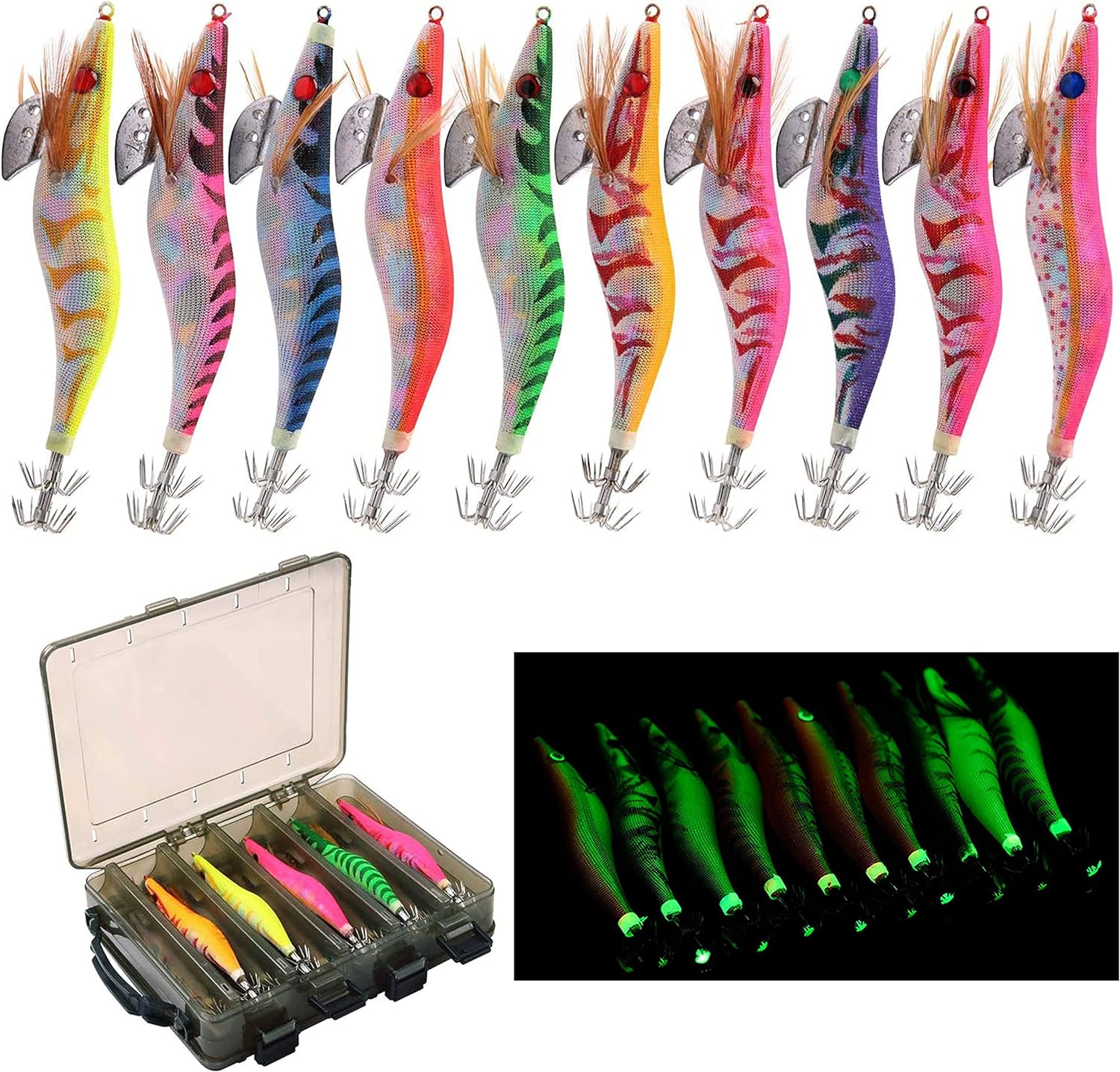 Squid Jig Hook Saltwater Fishing Lures, 10pcs/Bag Plastic Shrimp Hard Bait with Dual-Layer Hooks Squid Cuttlefish Sleeve Jig Hooks for Octopus Cuttlefish Fishing Tackle Box