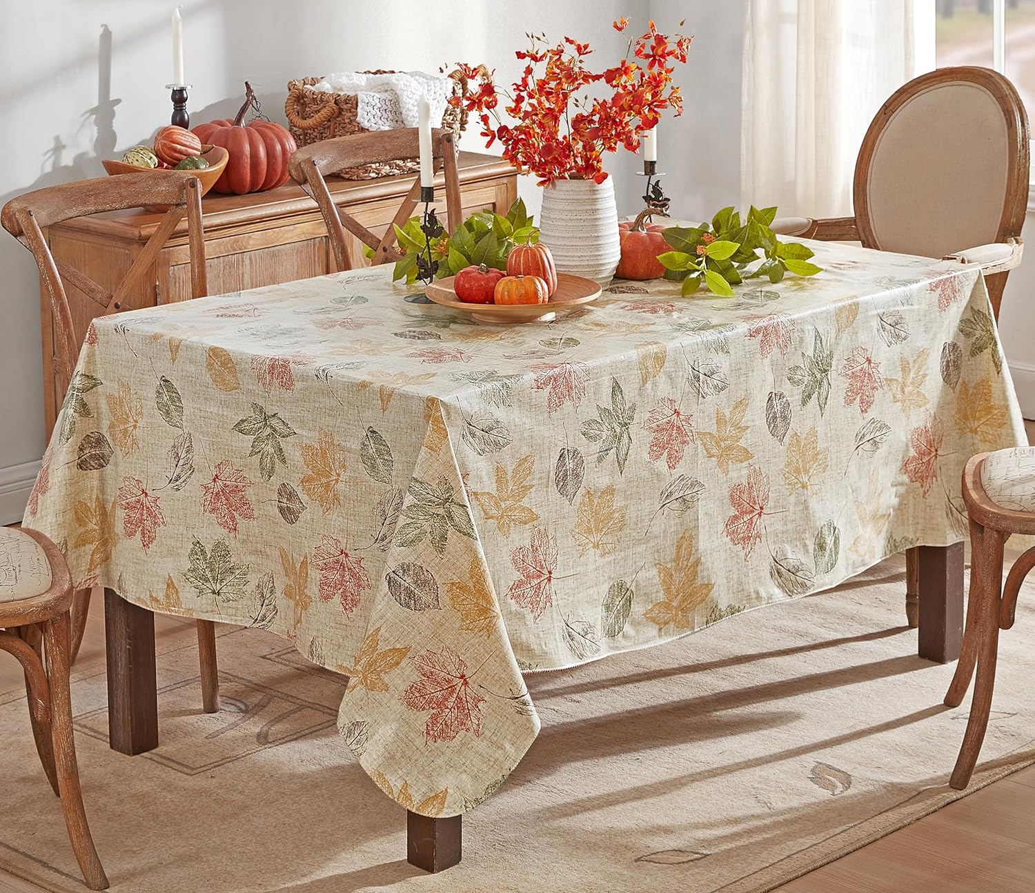 Newbridge Stamped Abstract Autumn Leaves Print Vinyl Flannel Backed Tablecloth, Contemporary Thanksgiving Fall Leaf Wipe Vinyl Tablecloth with Flannel Backing, 70” Round