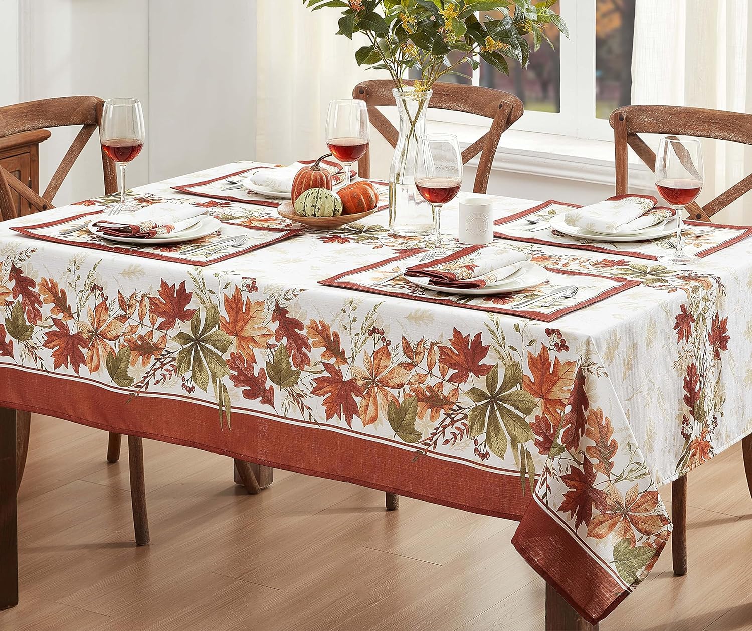 Newbridge Pumpkin Vines Stone Washed Bordered Thanksgiving and Fall Season Fabric Tablecloth, Multi-Colored Pumpkin Cottage Harvest Print Easy Care Tablecloth, 70 Inch Round