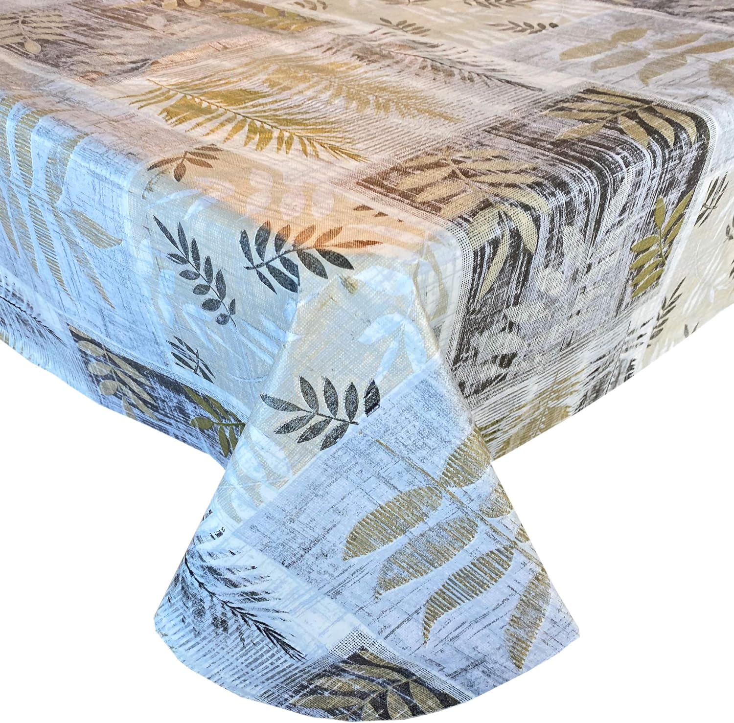 Newbridge Arezzo Contemporary Leaf Print Vinyl Flannel Backed Tablecloth - Grey, Gold and Silver Modern Block Leaves Easy Care Indoor/Outdoor Tablecloth, 60” x 84” Oval
