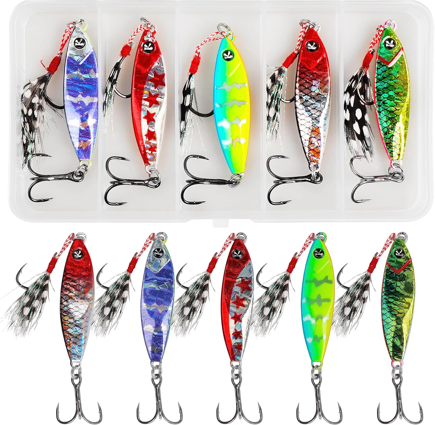 Metal Jig Fishing Jigging Spoons,5pcs Long Casting Jigging Spoon Lures Slow Pitch Vertical Jigs with Assist Hooks Sinking Metal Spoons Saltwater Surf Fishing Lures for Bass Walleye Striper