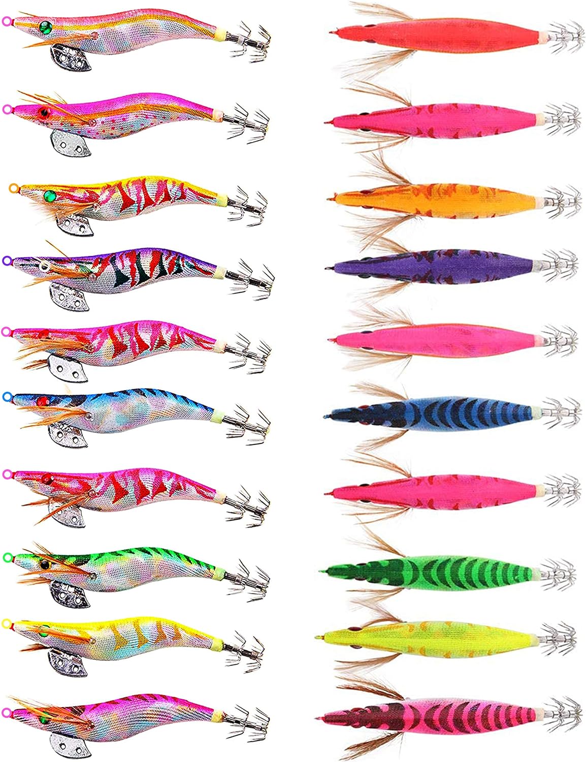 Squid Jig Hook Saltwater Fishing Lures, 10pcs/Bag Plastic Shrimp Hard Bait with Dual-Layer Hooks Squid Cuttlefish Sleeve Jig Hooks for Octopus Cuttlefish Fishing Tackle Box