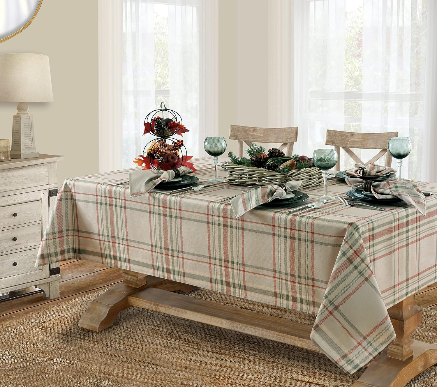 Newbridge Green Pocono Rustic Plaid Fabric Tablecloth, Country Cottage Farmhouse Easy Care Stain Repellent Tablecloth, 70 in Round, Green