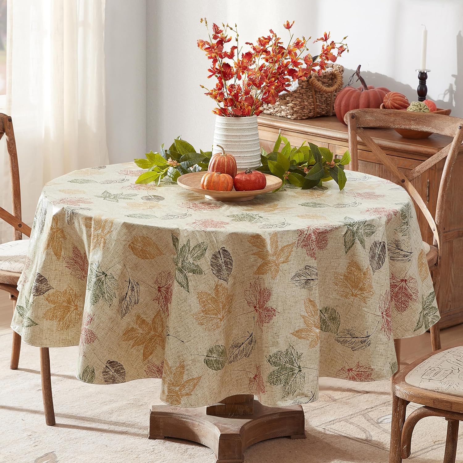 Newbridge Stamped Abstract Autumn Leaves Print Vinyl Flannel Backed Tablecloth, Contemporary Thanksgiving Fall Leaf Wipe Vinyl Tablecloth with Flannel Backing, 70” Round