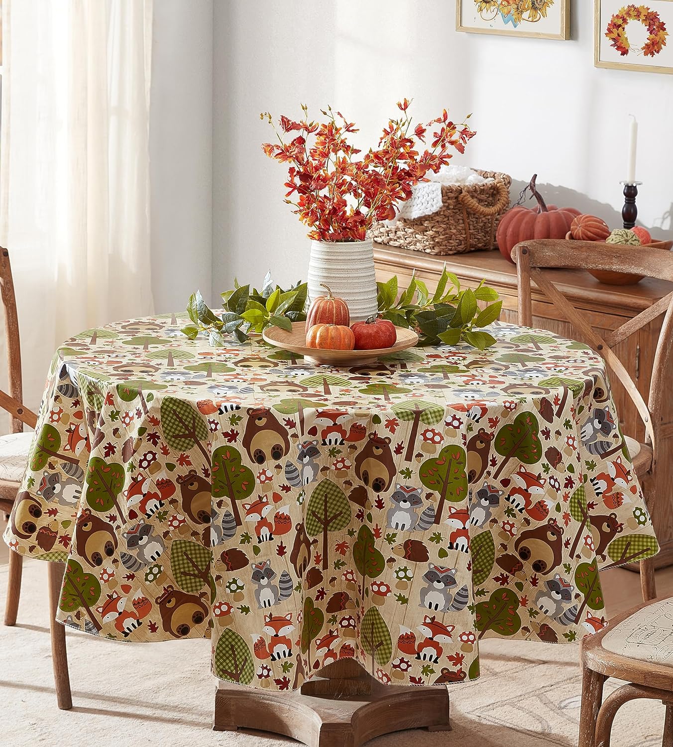 Newbridge Woodsy Animal Friends Vinyl Flannel Backed Tablecloth - Whimsical Forest Creatures Kitchen and Dining Room Easy Care Vinyl Tablecloth with Flannel Backing