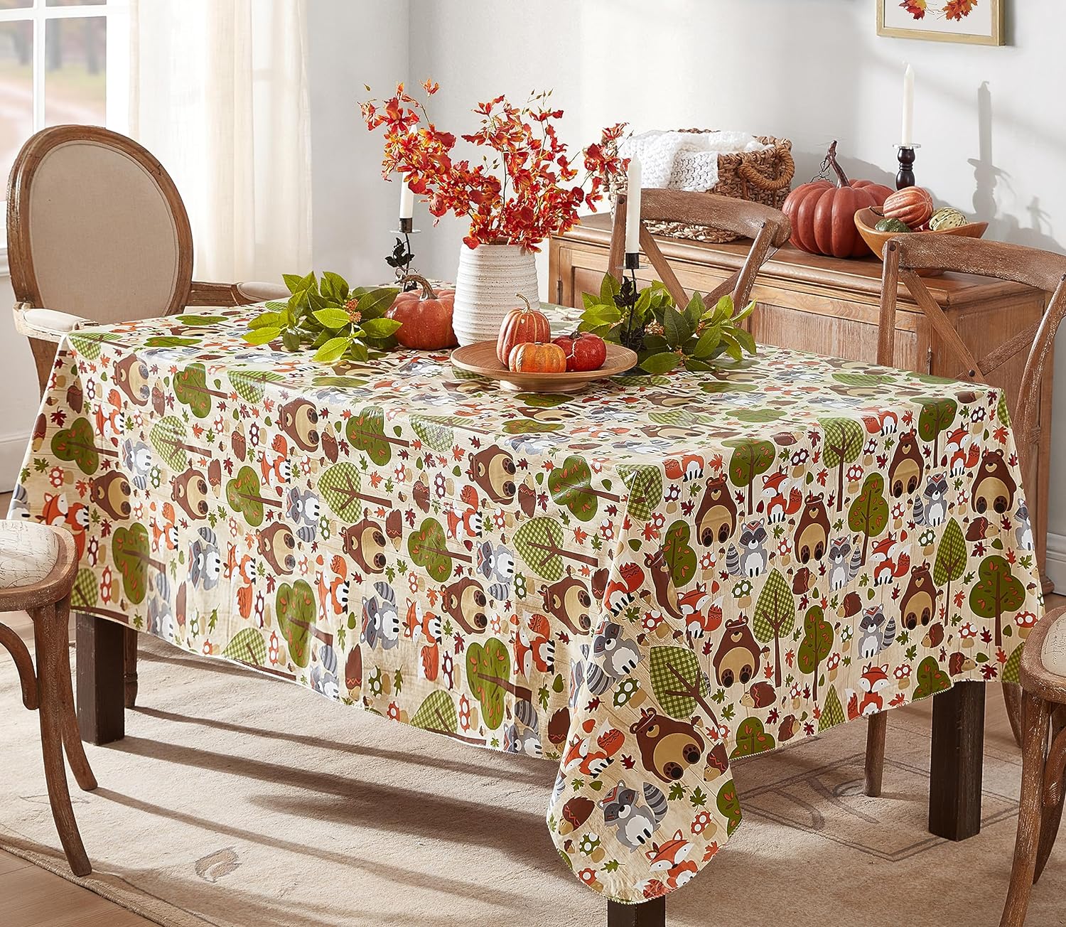Newbridge Woodsy Animal Friends Vinyl Flannel Backed Tablecloth - Whimsical Forest Creatures Kitchen and Dining Room Easy Care Vinyl Tablecloth with Flannel Backing