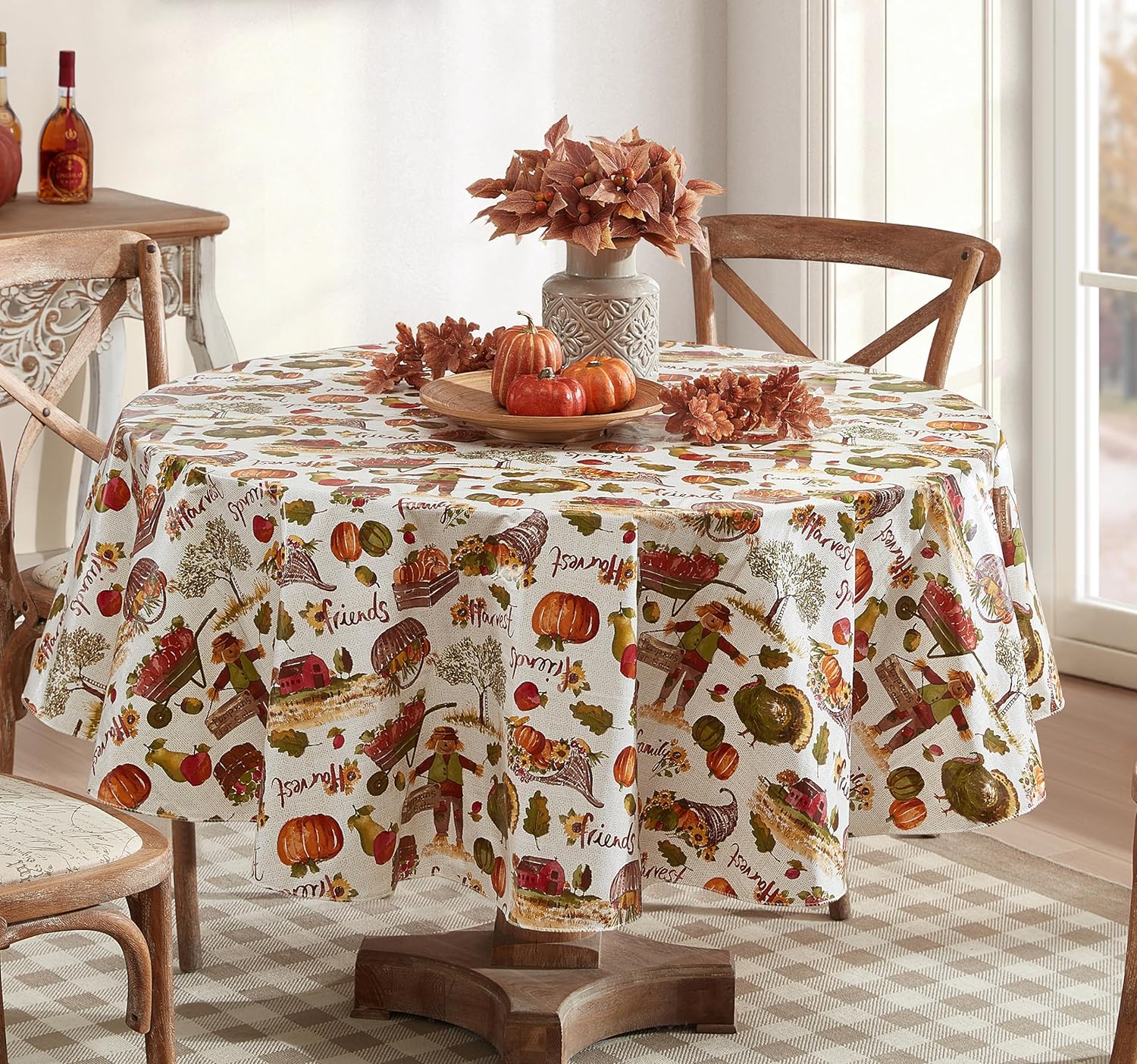Newbridge Country Pumpkin Farm Fall Thanksgiving Vinyl Flannel Backed Tablecloth, Autumn Farm Harvest Easy Care Vinyl Tablecloth with Flannel Backing, 60” x 84” Oblong/Rectangle