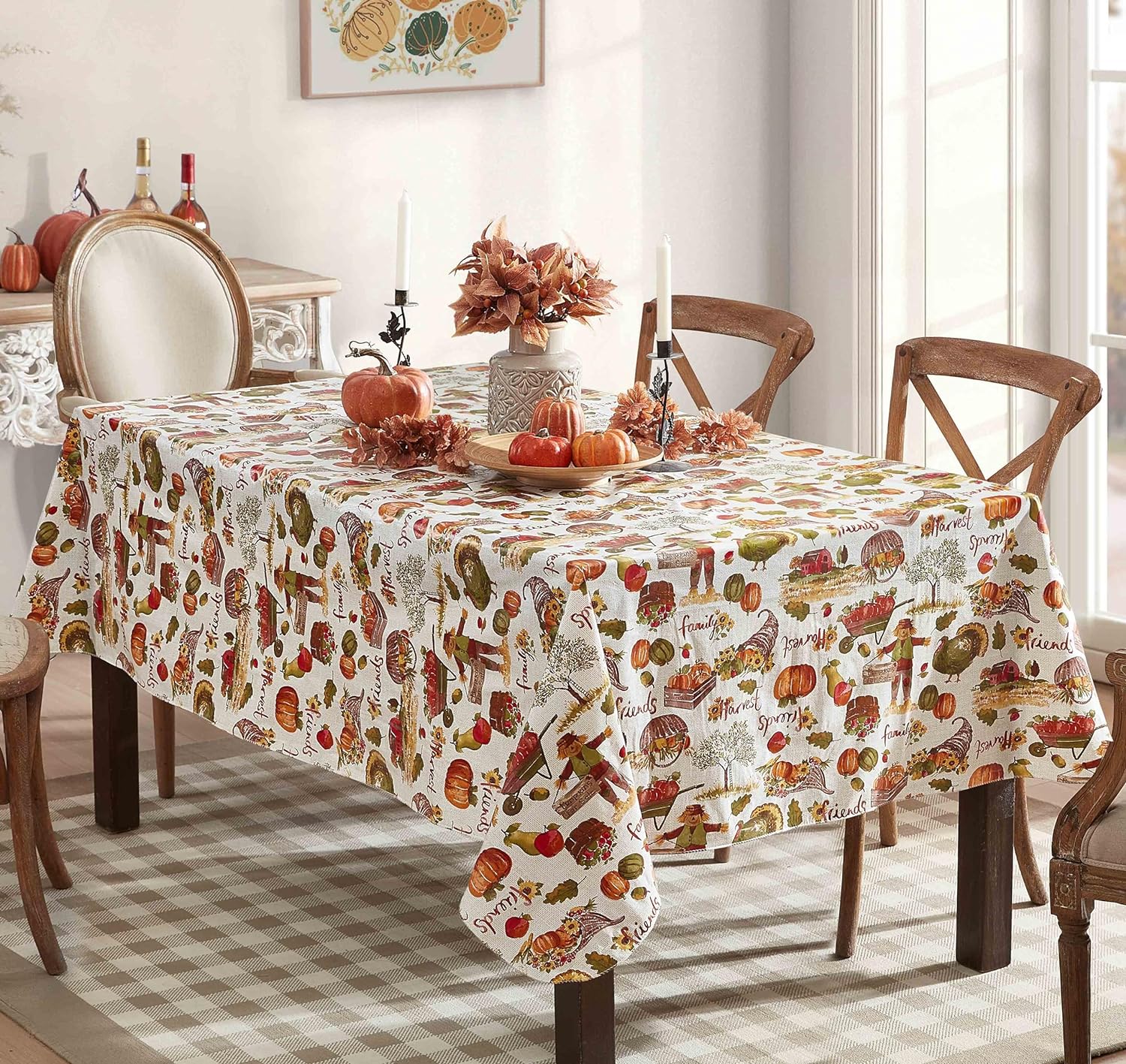 Newbridge Country Pumpkin Farm Fall Thanksgiving Vinyl Flannel Backed Tablecloth, Autumn Farm Harvest Easy Care Vinyl Tablecloth with Flannel Backing, 60” x 84” Oblong/Rectangle